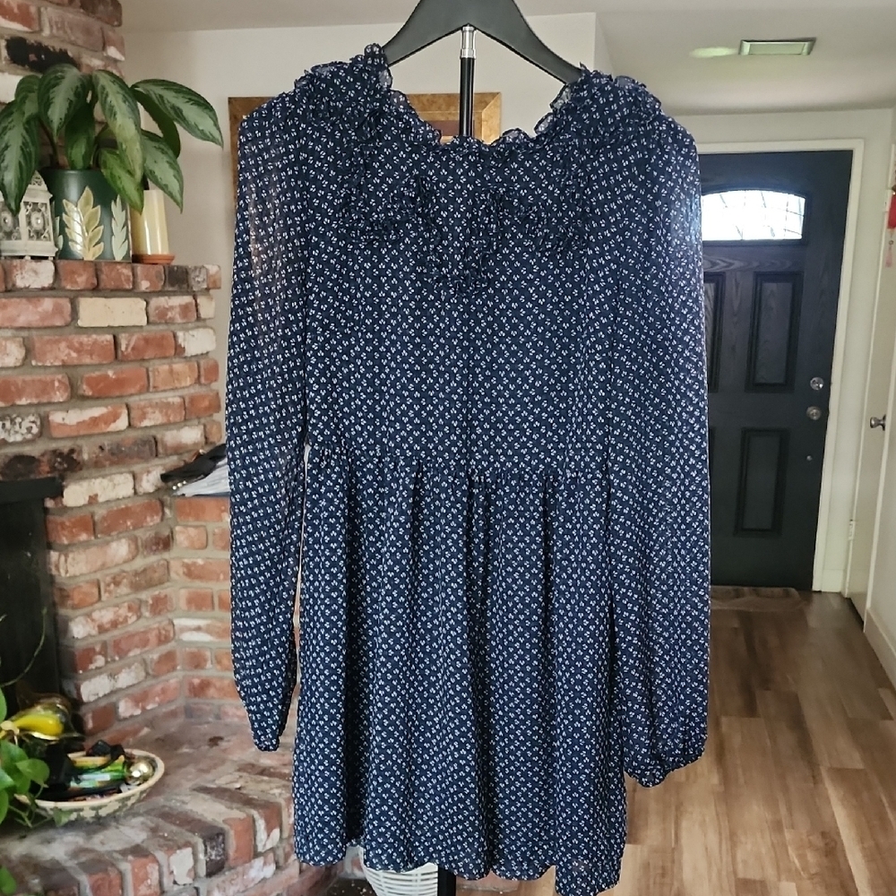 Free People Navy Floral Smocked Long Sleeve Dress Boho Romantic